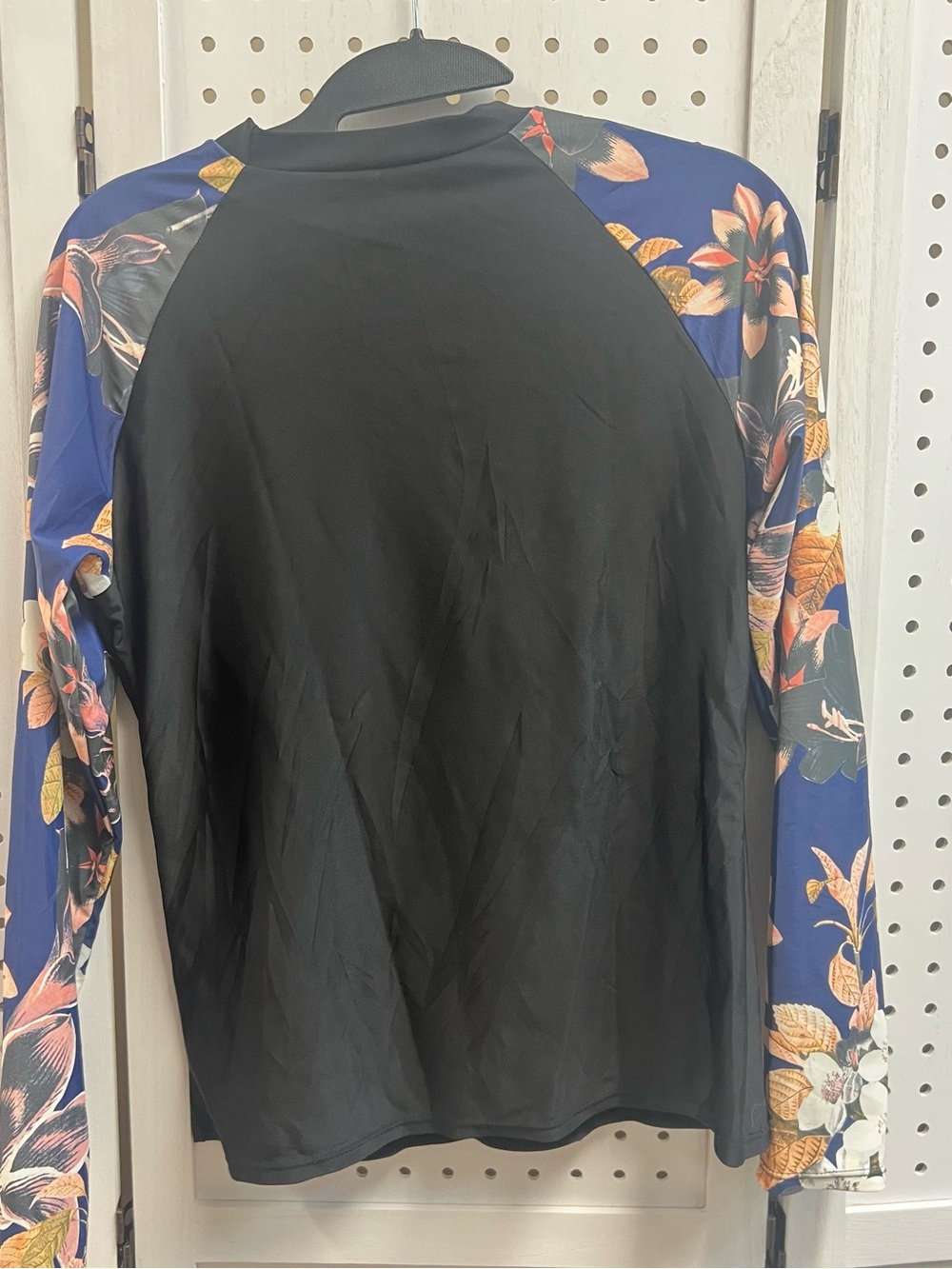 Black Raglan Rash Guard Top with Blue Floral Sleeves - Picture 3 of 3